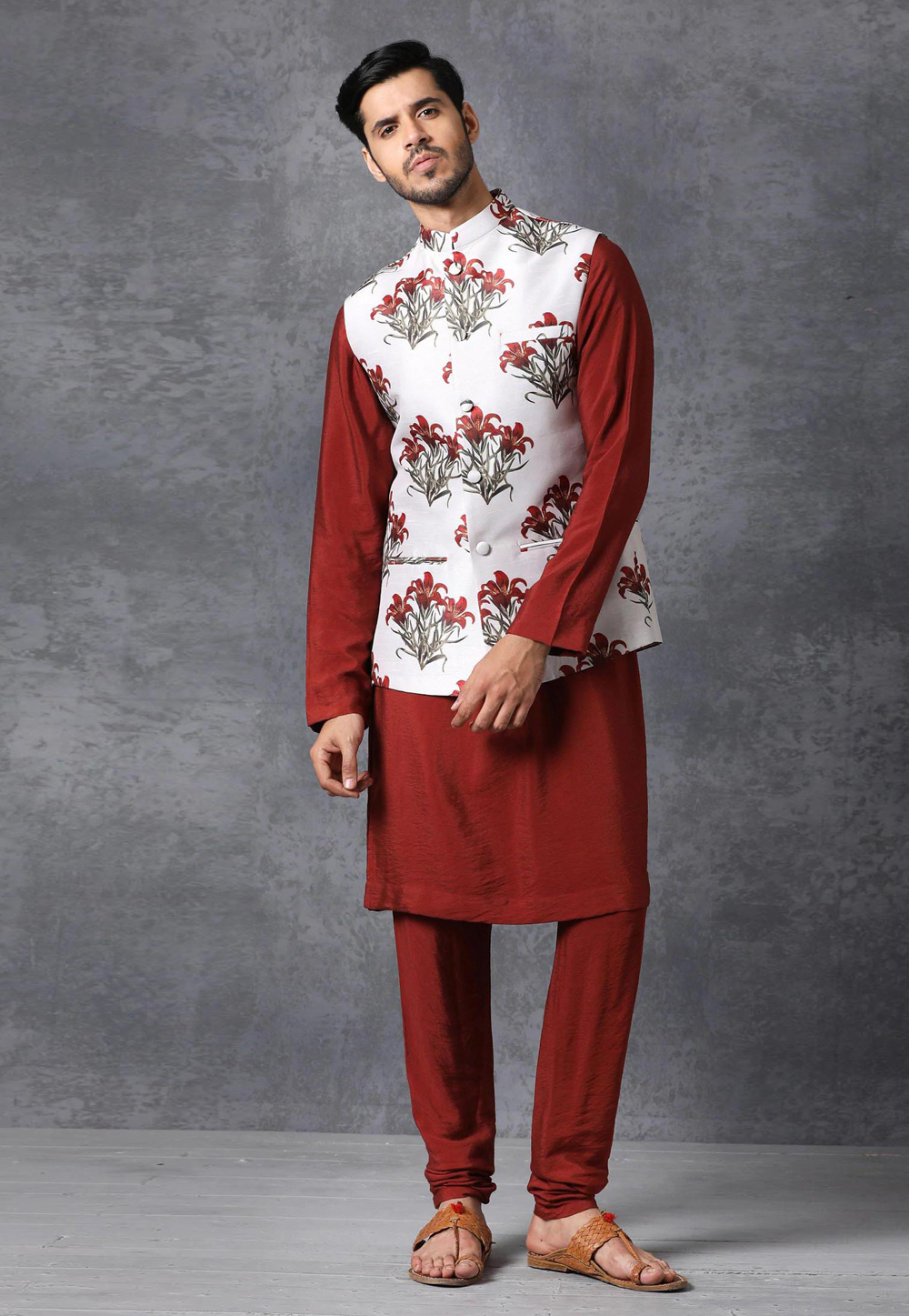 Red Raw Silk Kurta Pajama With Jacket 222721