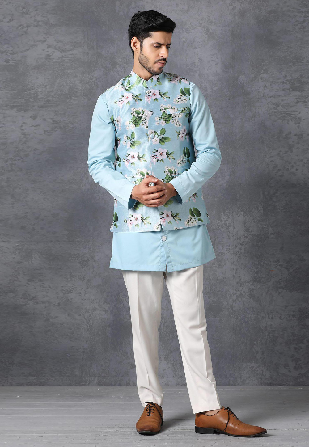 Sky Blue Raw Silk Kurta Pajama With Jacket 222722