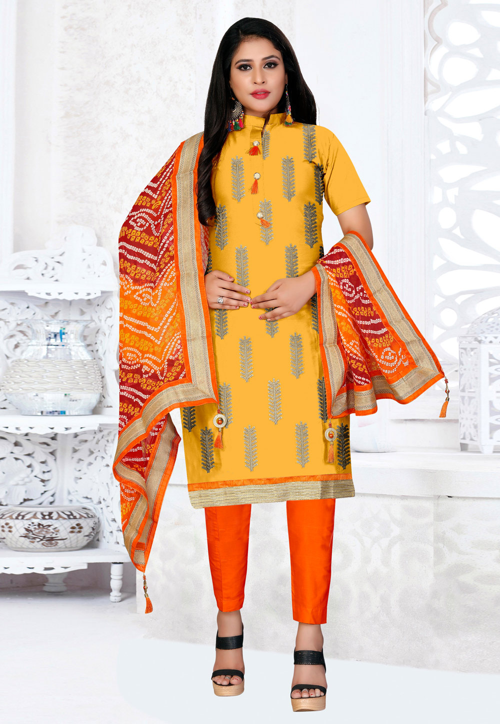 Yellow Cotton Pant Style Suit 222710