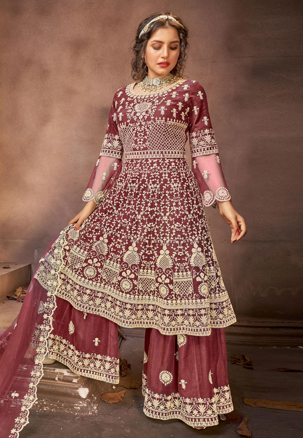 Rust Net Embroidered Palazzo Suit 222793