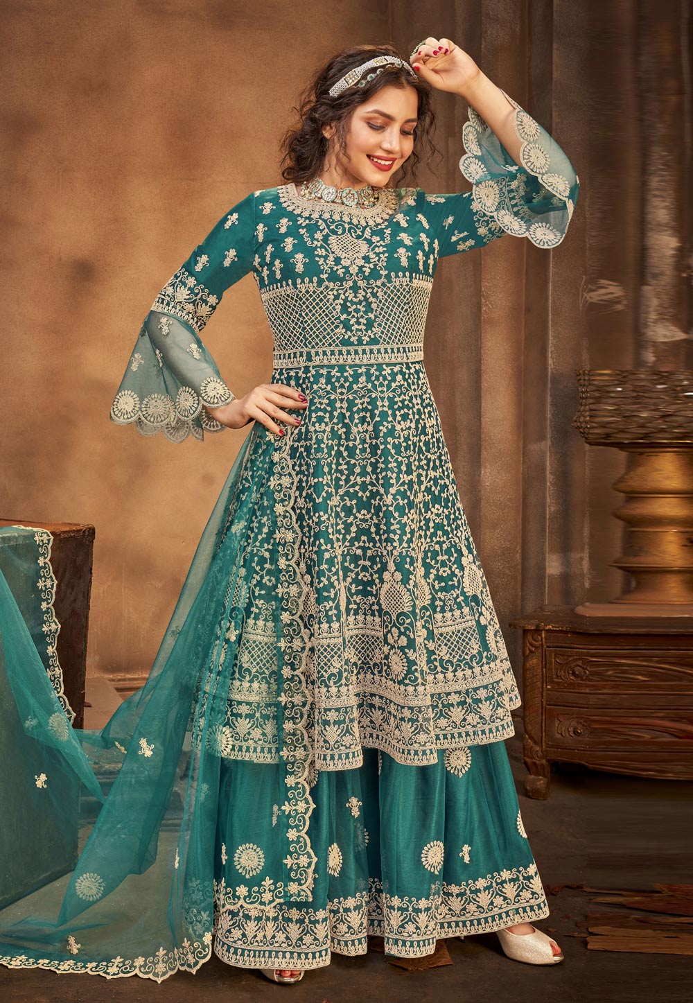Teal Net Embroidered Kameez With Palazzo 222794