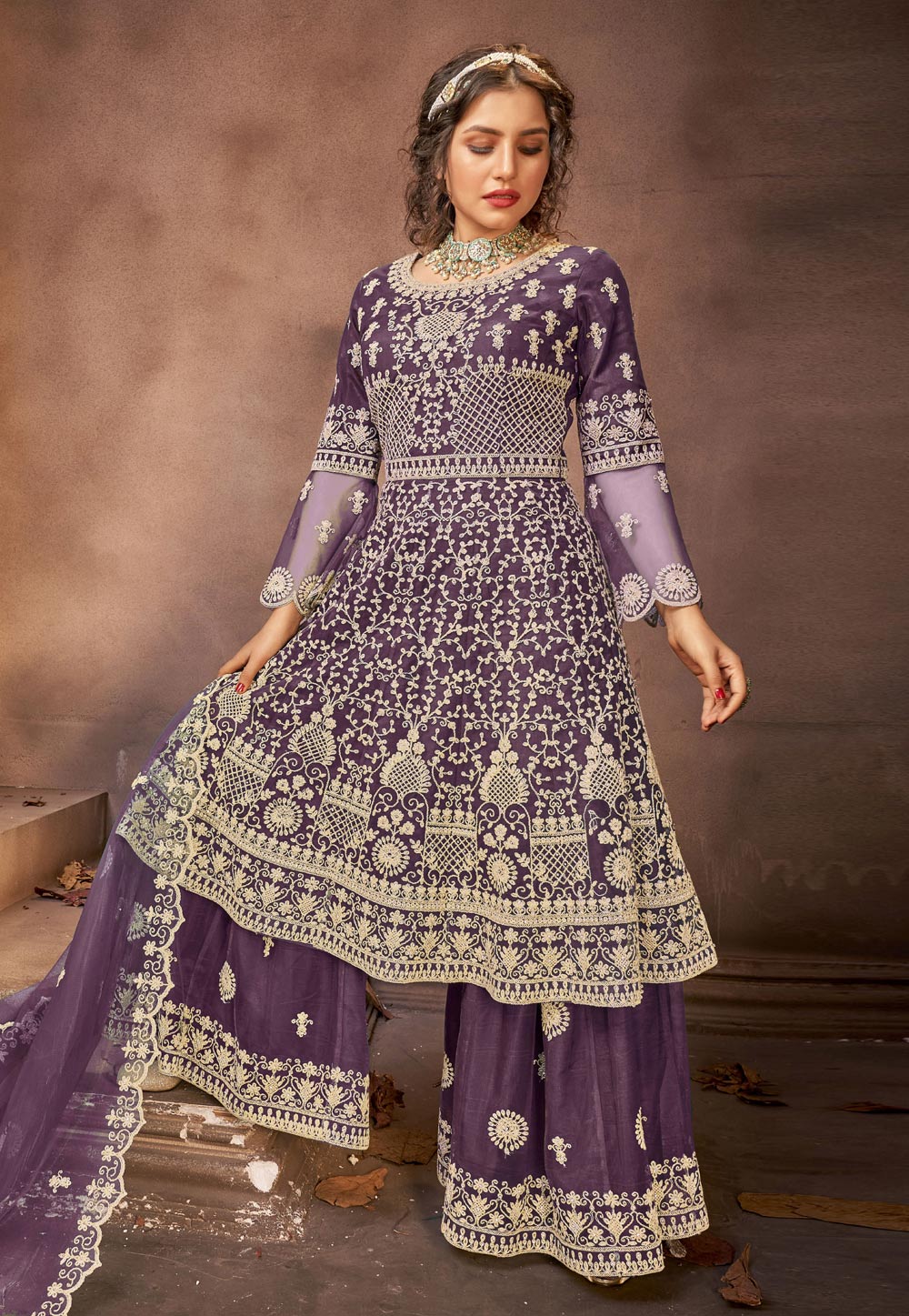 Purple Net Embroidered Palazzo Suit 222795
