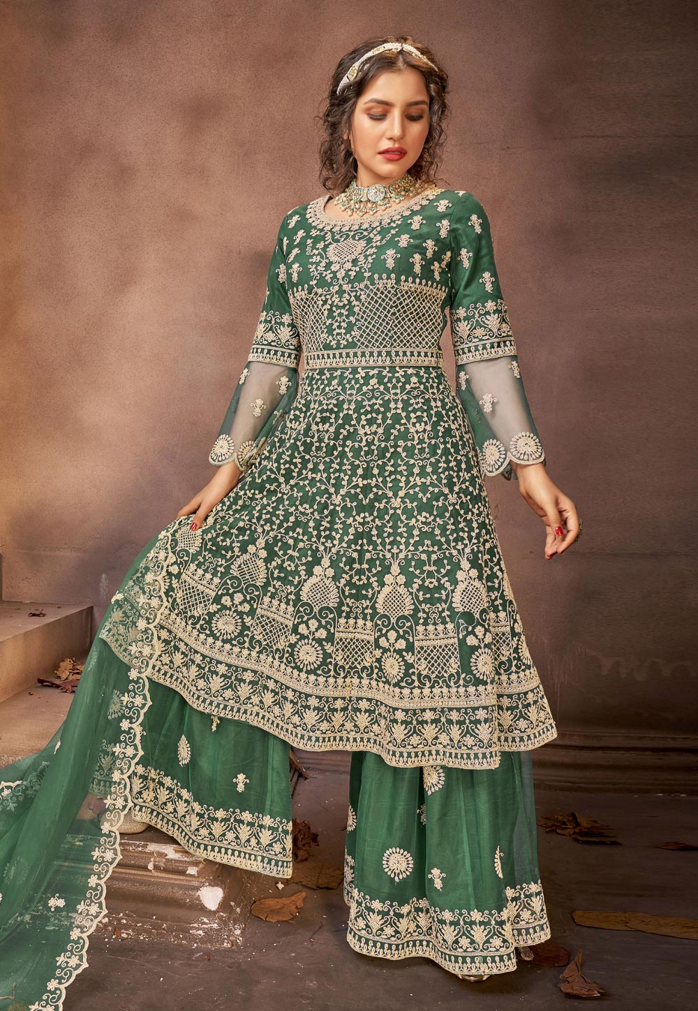 Green Net Embroidered Kameez With Palazzo 222796