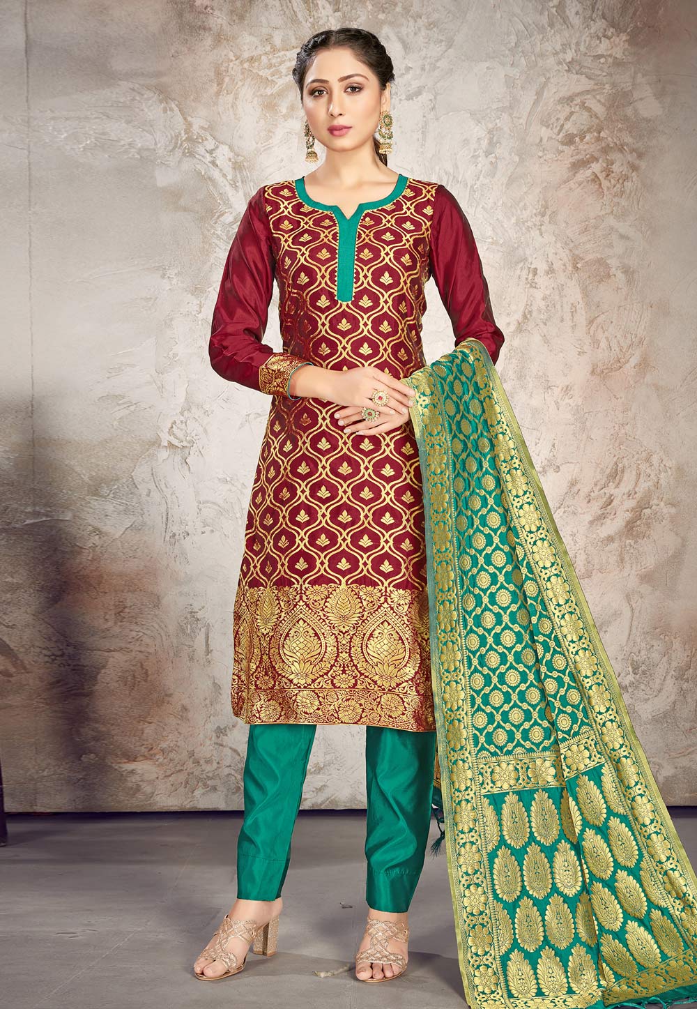 Maroon Banarasi Silk Pant Style Suit 222892