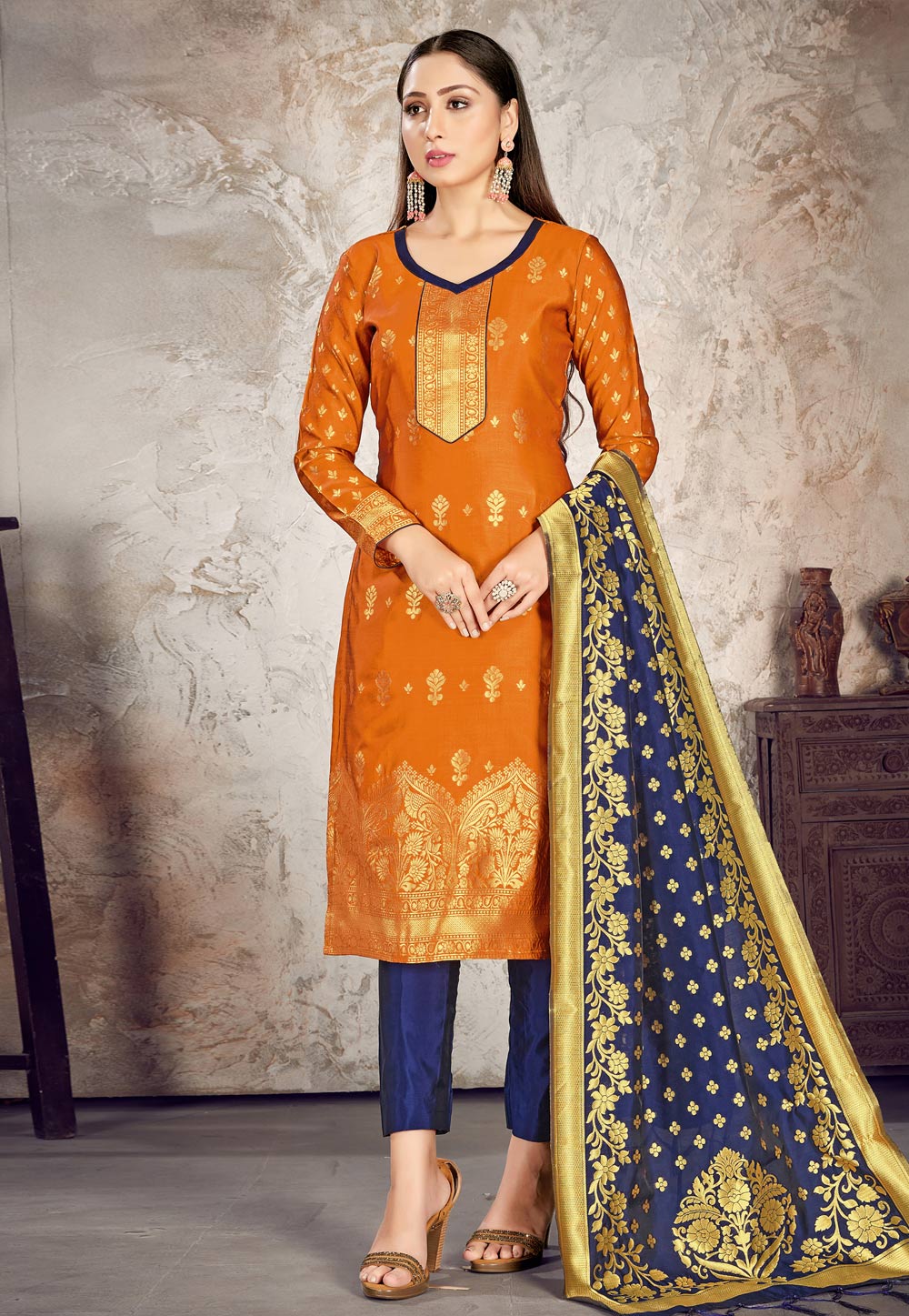Orange Banarasi Silk Pant Style Suit 222898