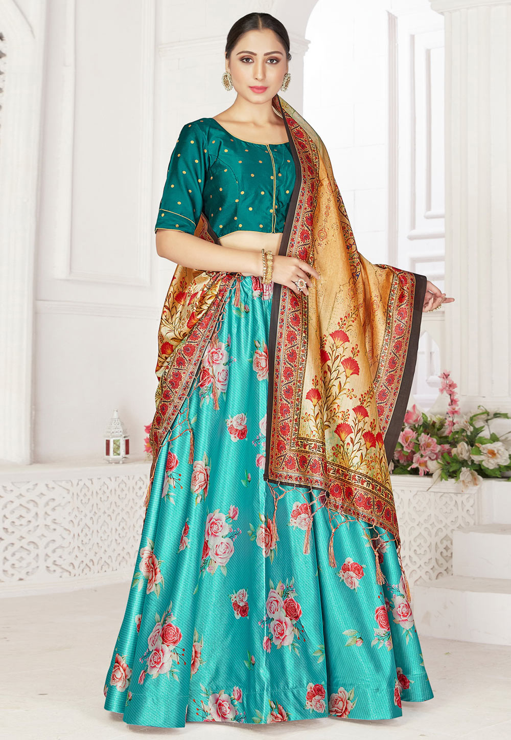 Turquoise Satin Readymade Floral Lehenga Choli 222912