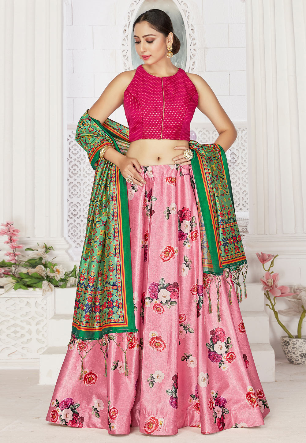 Pink Satin Readymade Floral Lehenga Choli 222914