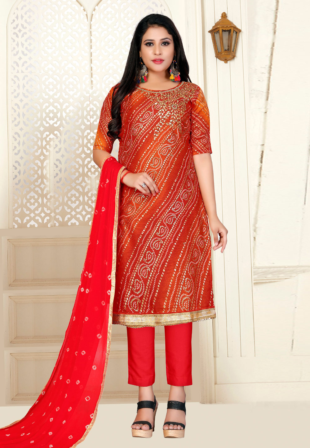 Red Cotton Pant Style Suit 222969