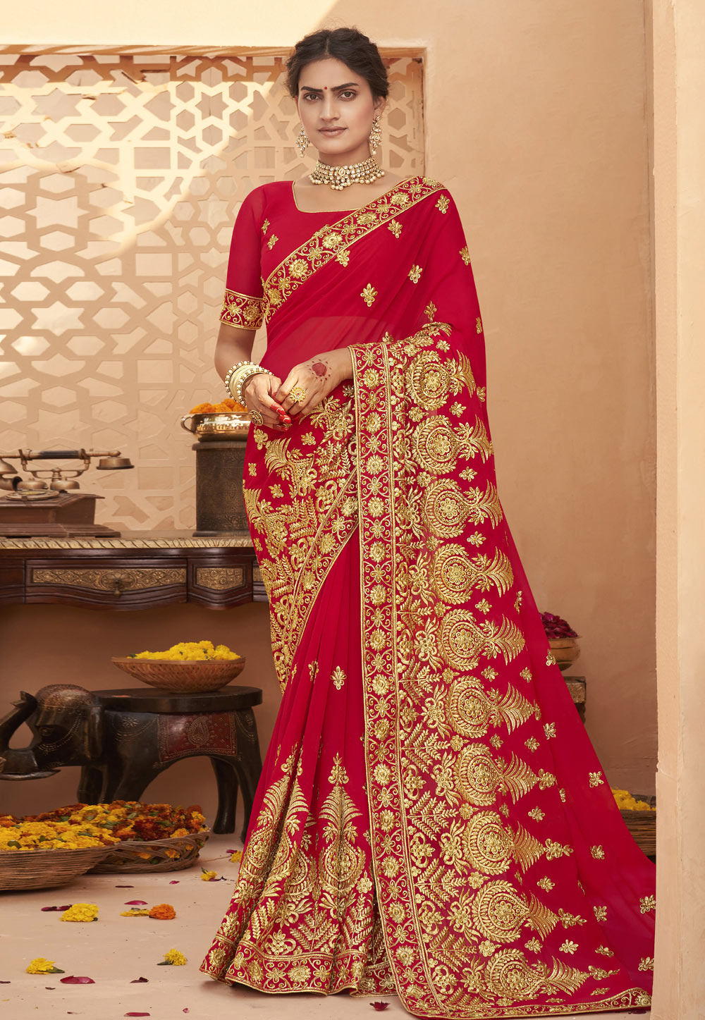 Red Georgette Saree With Blouse 222980