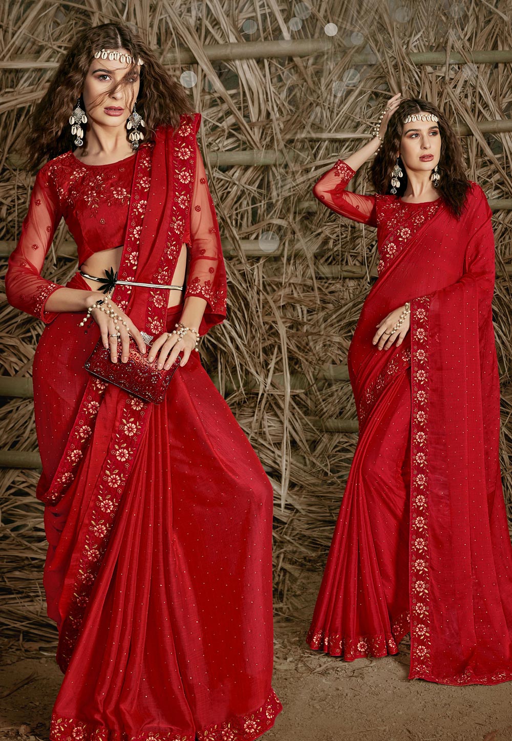 Red Chiffon Saree With Blouse 223082