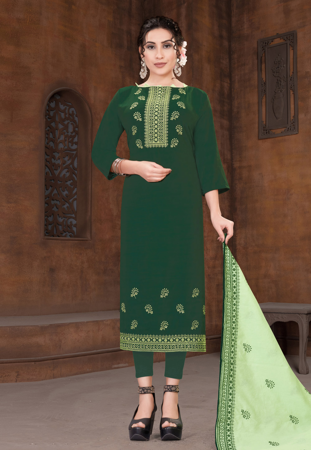 Green Viscose Pant Style Suit 223529