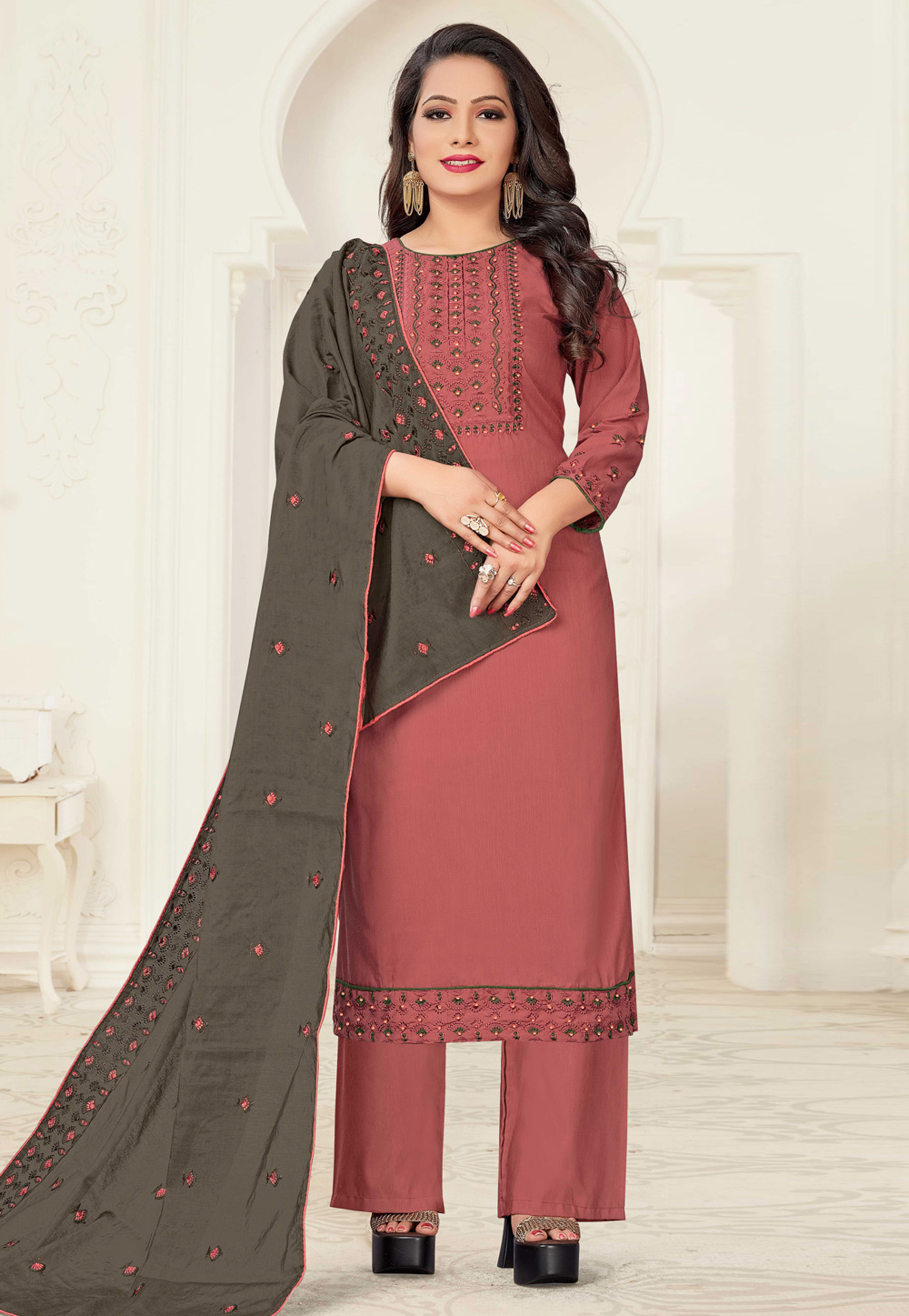 Pink Linen Readymade Palazzo Suit 223670