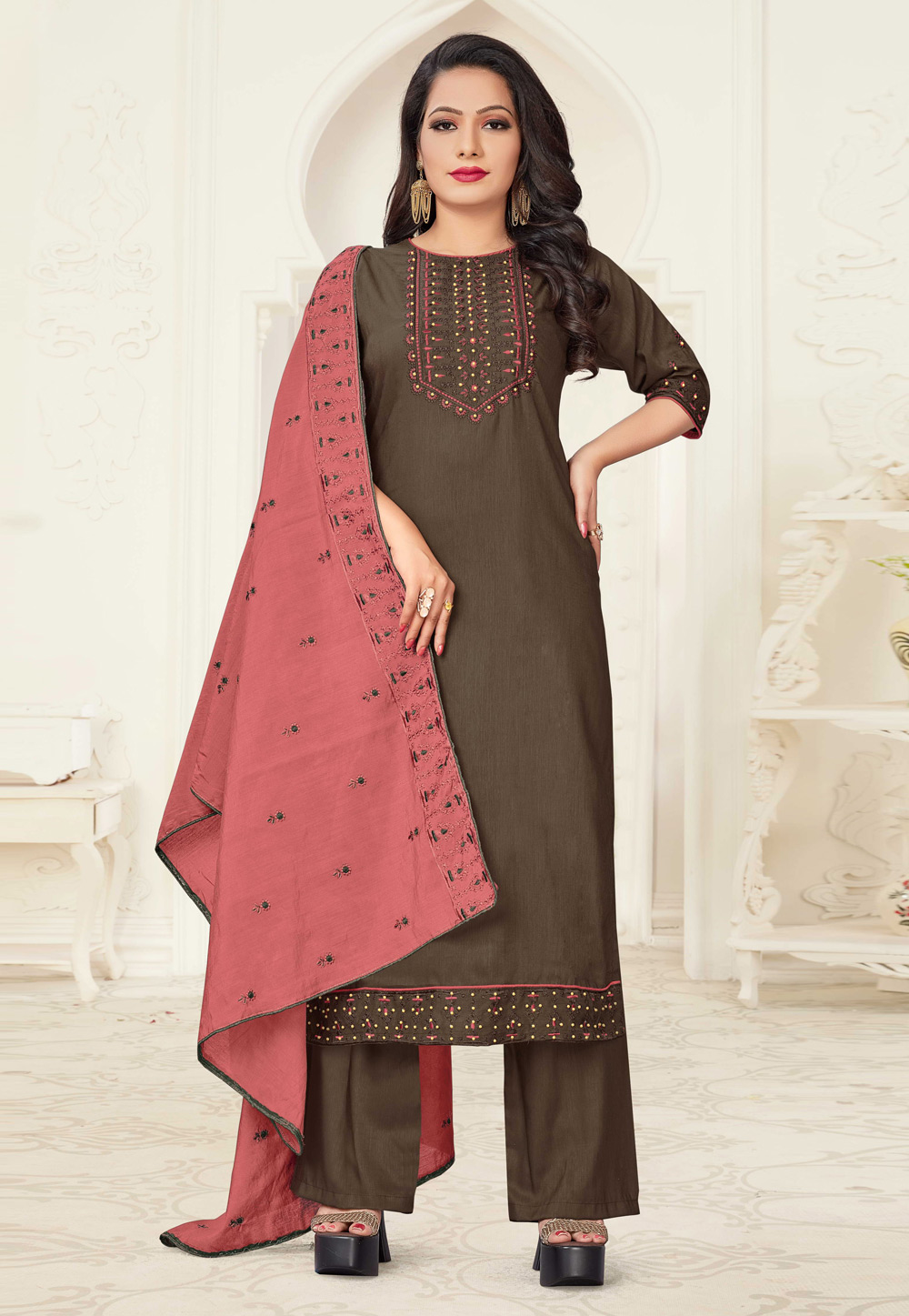 Brown Linen Readymade Kameez With Palazzo 223673