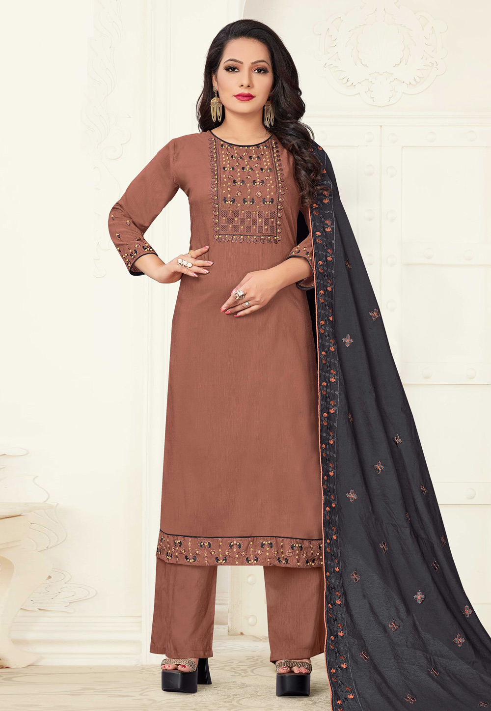 Brown Linen Readymade Kameez With Palazzo 223675