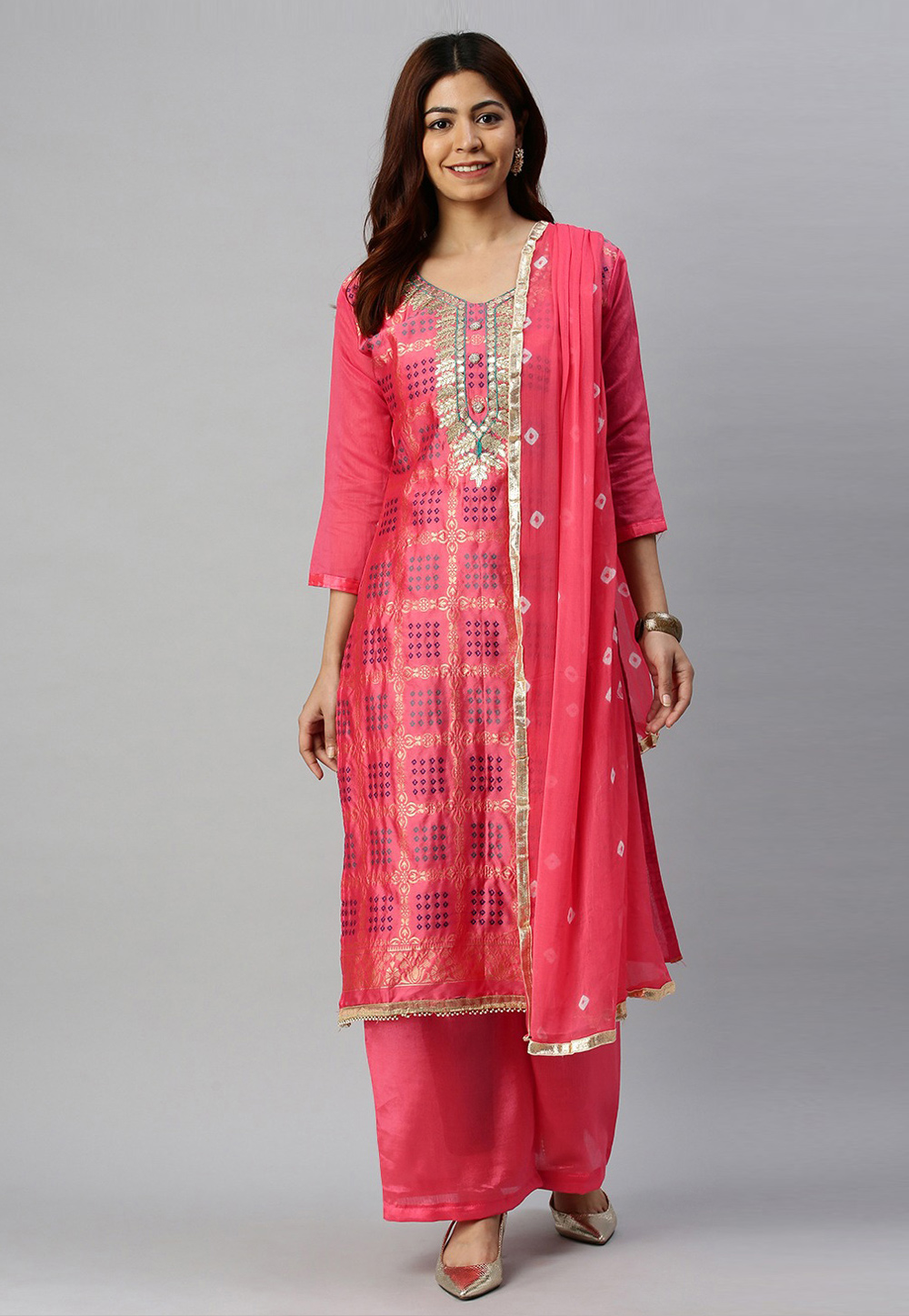 Pink Banarasi Jacquard Bandhani Print Palazzo Suit 223850