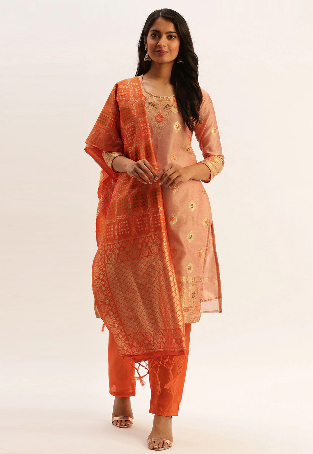 Peach Banarasi Jacquard Pant Style Suit 223851