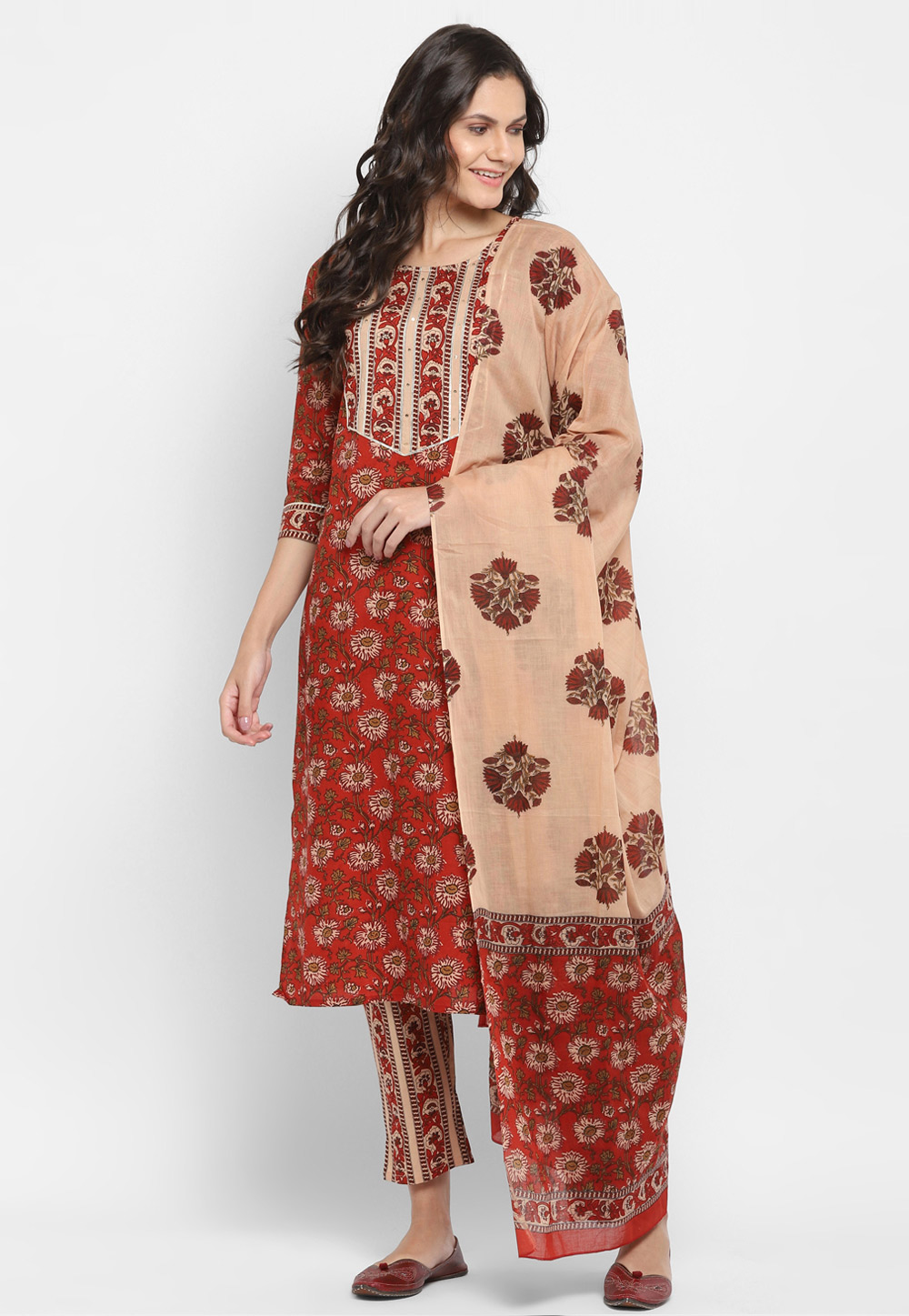 Red Cotton Readymade Kameez With Pant 223972