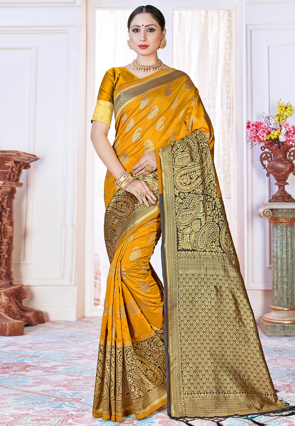 Mustard Banarasi Silk Saree With Blouse 224153
