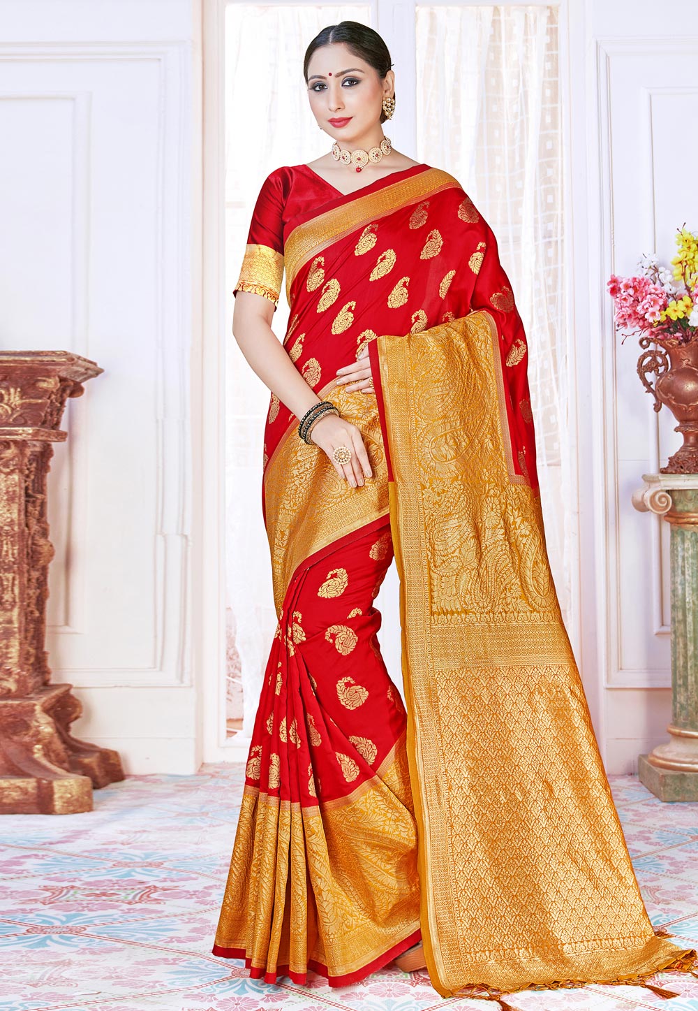 Red Banarasi Silk Saree With Blouse 224158