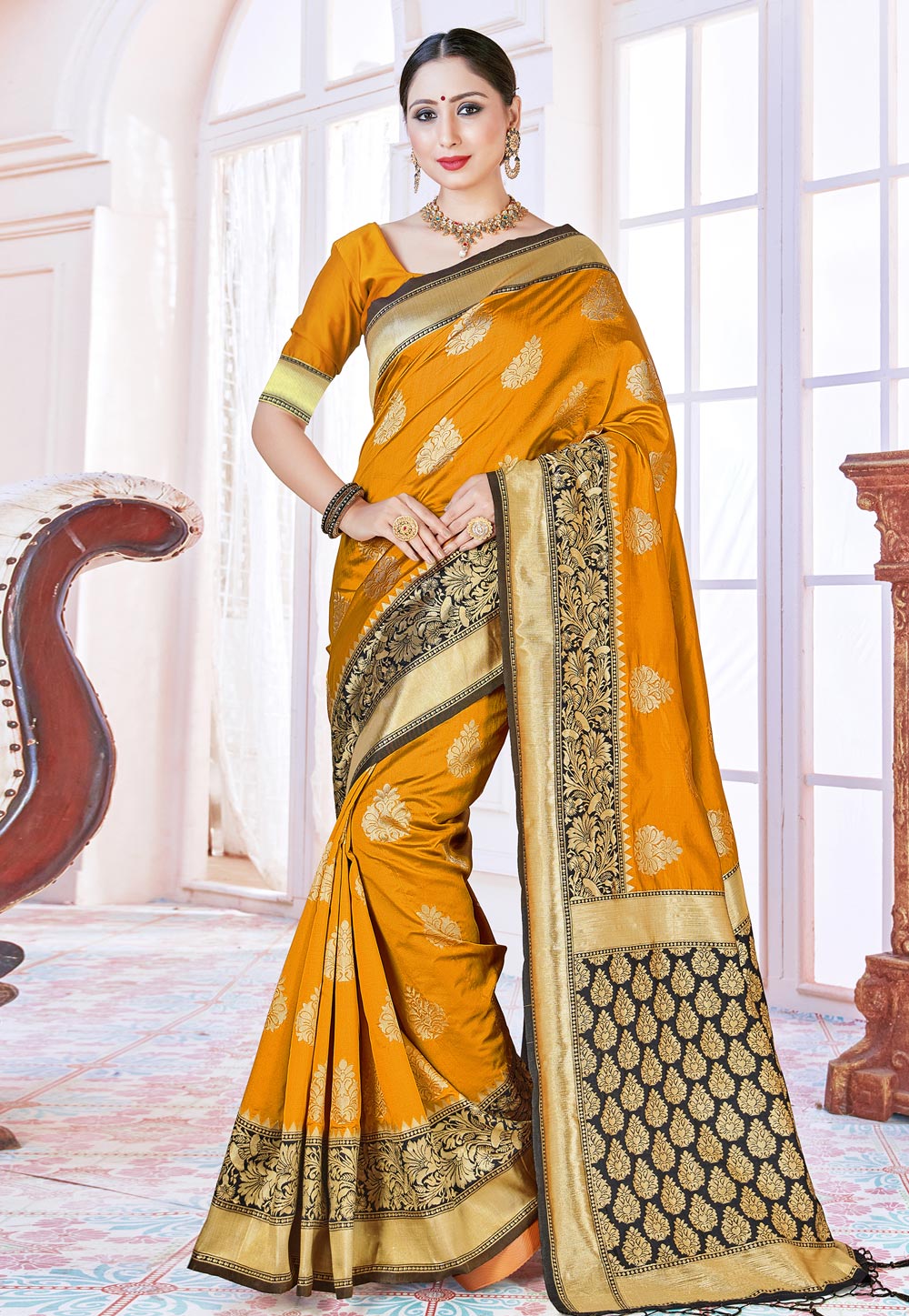 Mustard Banarasi Silk Saree With Blouse 224162