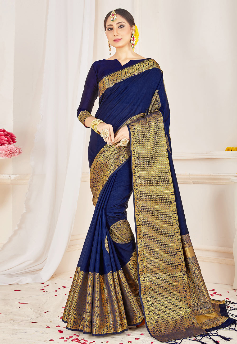 Navy Blue Banarasi Silk Festival Wear Saree 224166