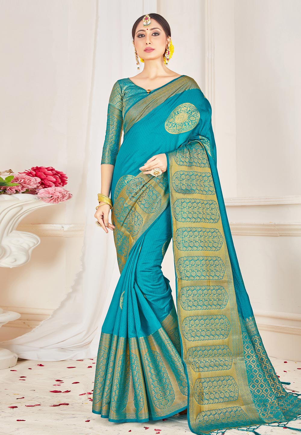 Turquoise Banarasi Silk Saree With Blouse 224167