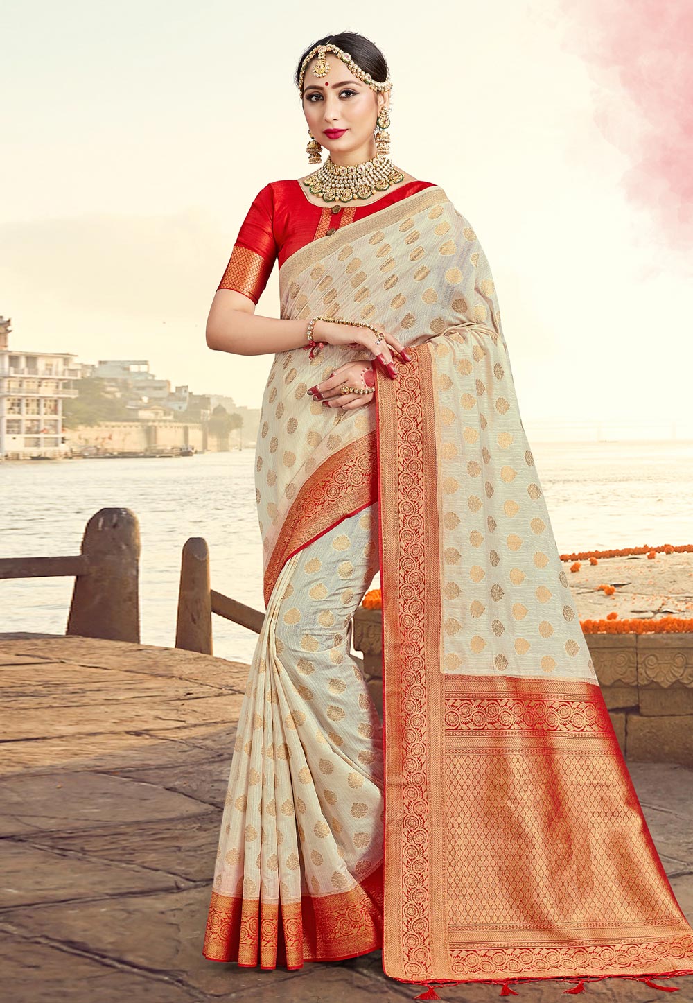 Off White Banarasi Silk Festival Wear Saree 224221