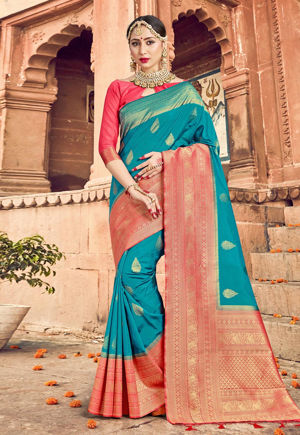 Turquoise Banarasi Silk Saree With Blouse 224222