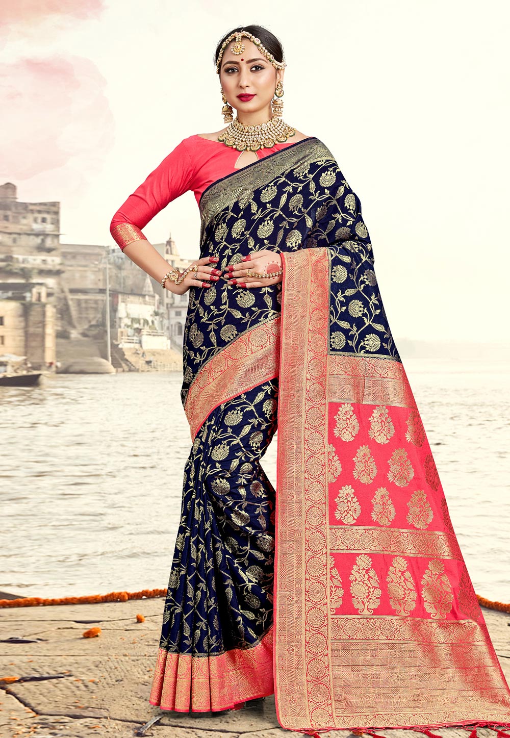 Navy Blue Banarasi Silk Festival Wear Saree 224223