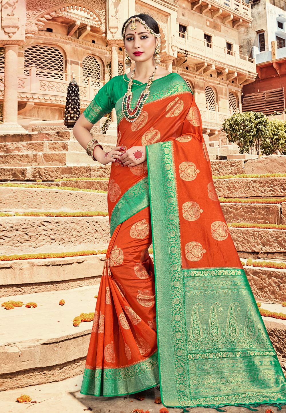 Orange Banarasi Silk Festival Wear Saree 224225