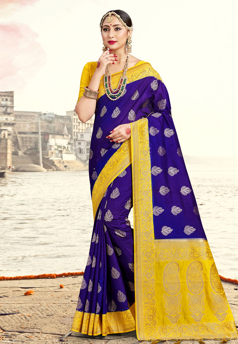 Blue Banarasi Silk Saree With Blouse 224226