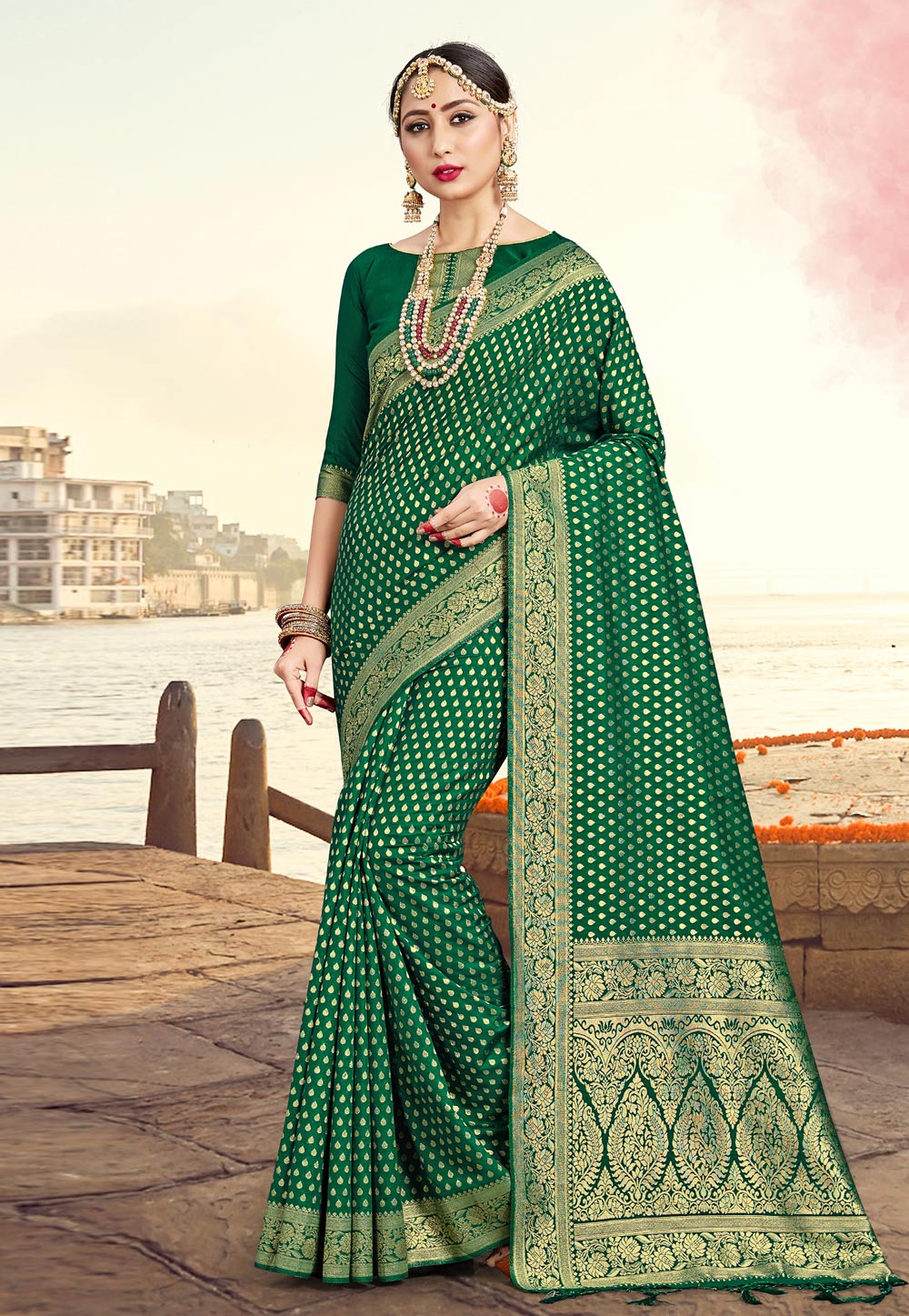 Green Banarasi Silk Festival Wear Saree 224227