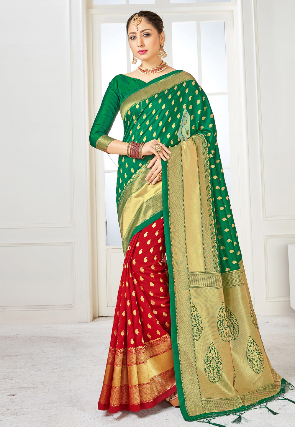 Green Banarasi Silk Half N Half Saree 224229