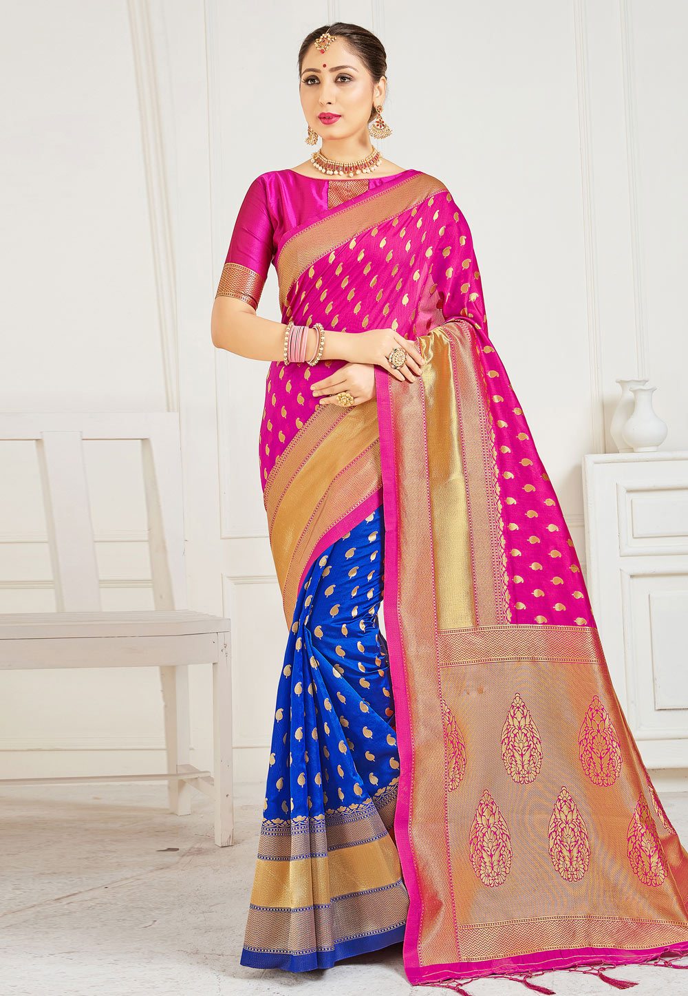 Pink Banarasi Silk Half N Half Saree 224230