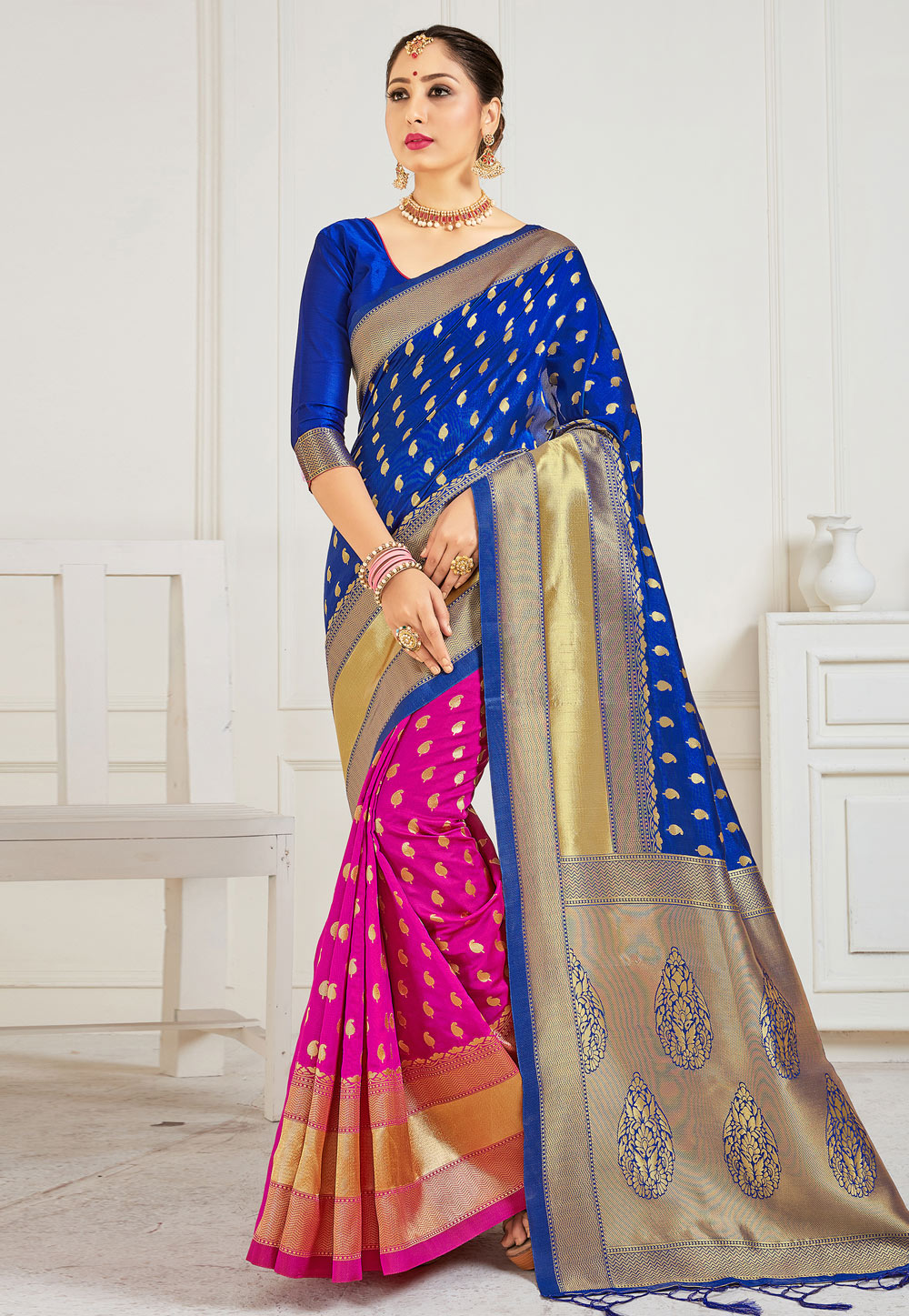 Blue Banarasi Silk Half N Half Saree 224231