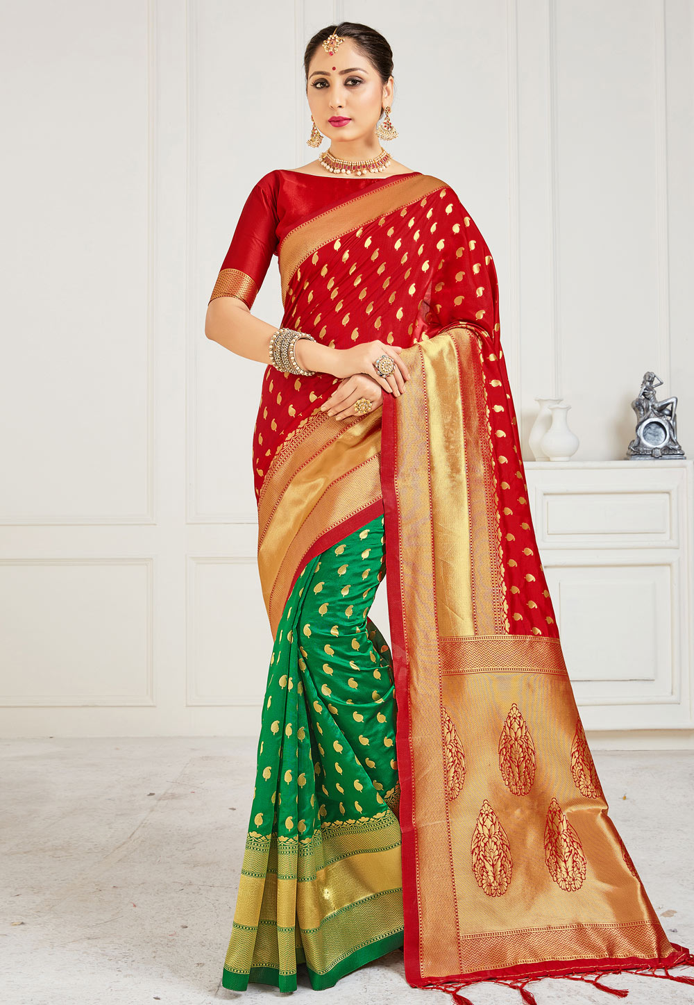 Red Banarasi Silk Half N Half Saree 224232
