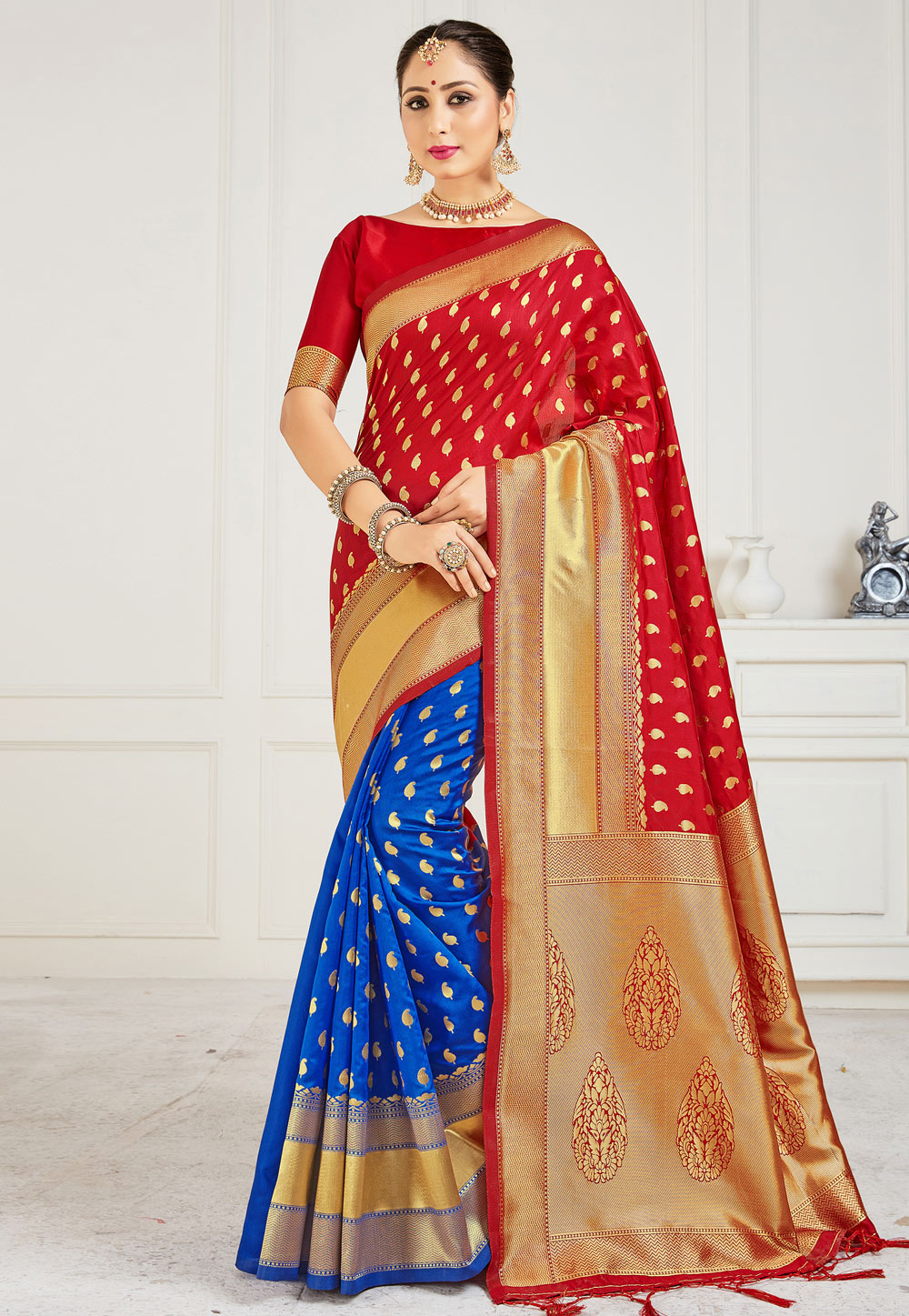 Red Banarasi Silk Half N Half Saree 224233