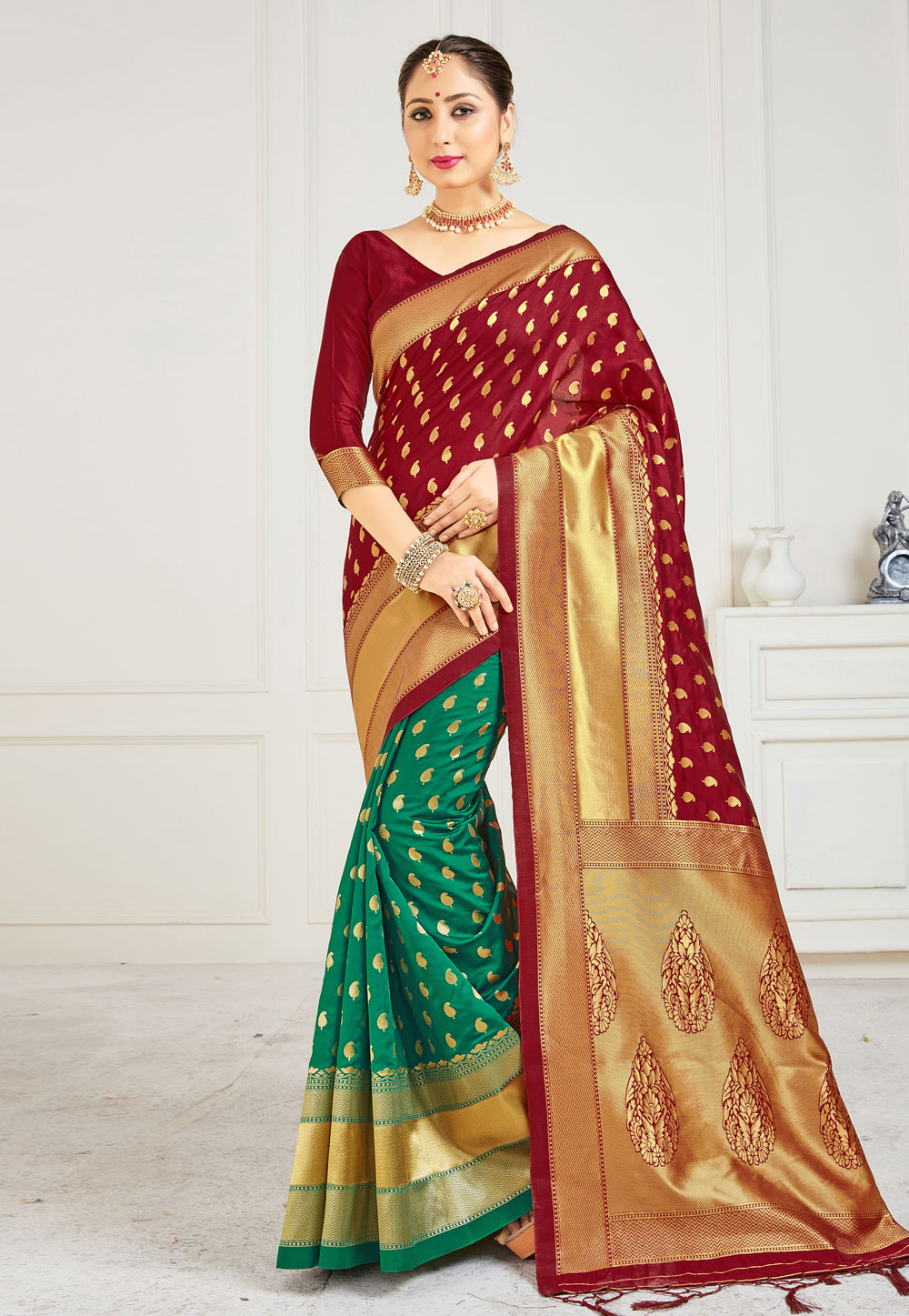 Maroon Banarasi Silk Half N Half Saree 224234