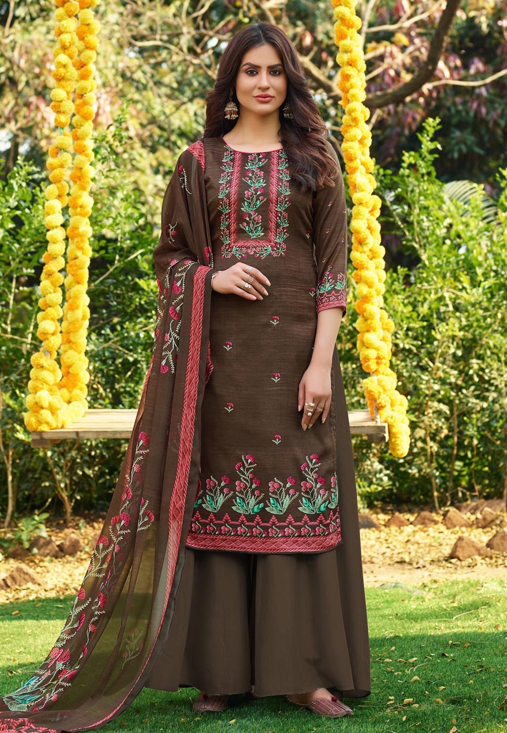 Brown Cotton Palazzo Suit 224350