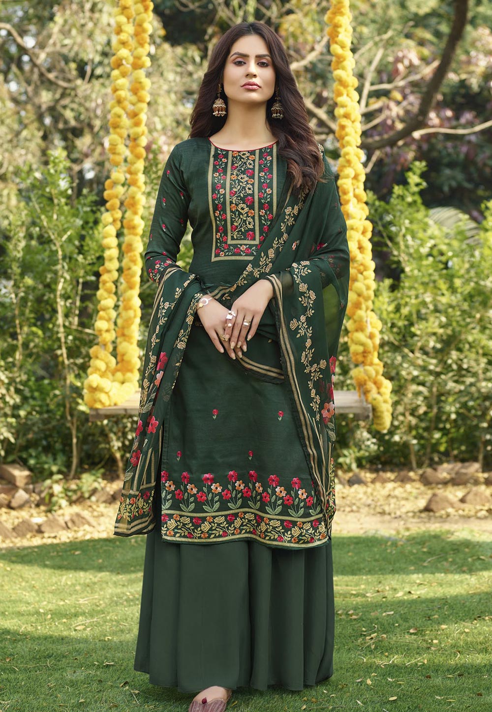 Green Cotton Kameez With Palazzo 224351