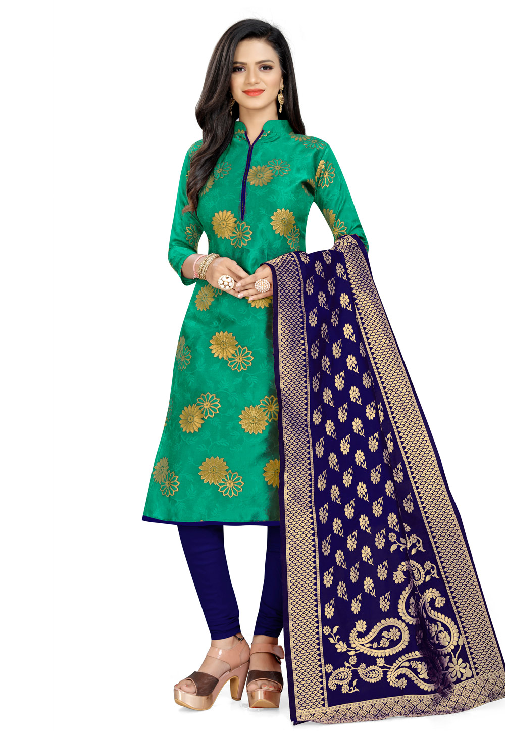 Green Banarasi Jacquard Churidar Suit 224560