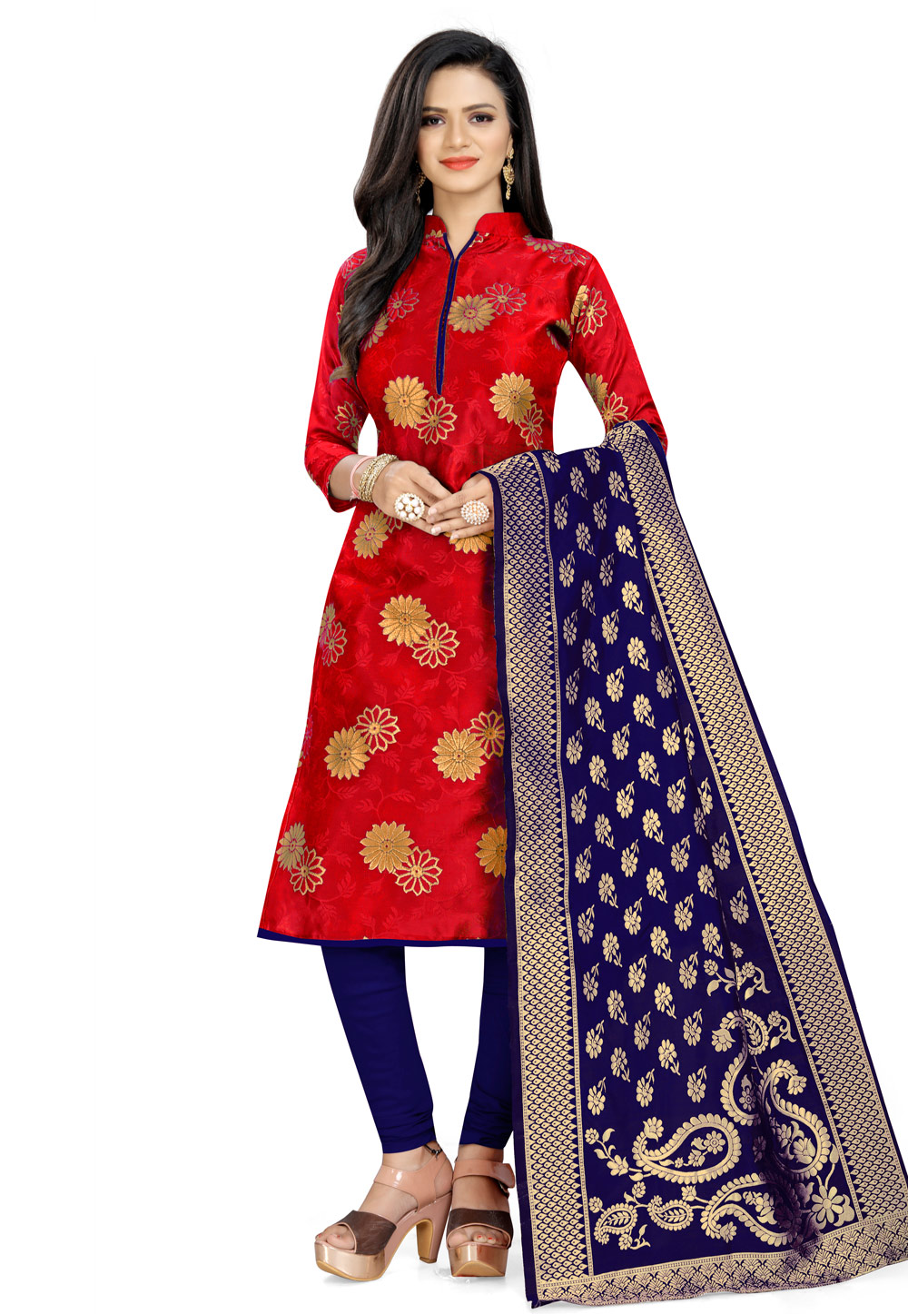 Red Banarasi Jacquard Churidar Suit 224562