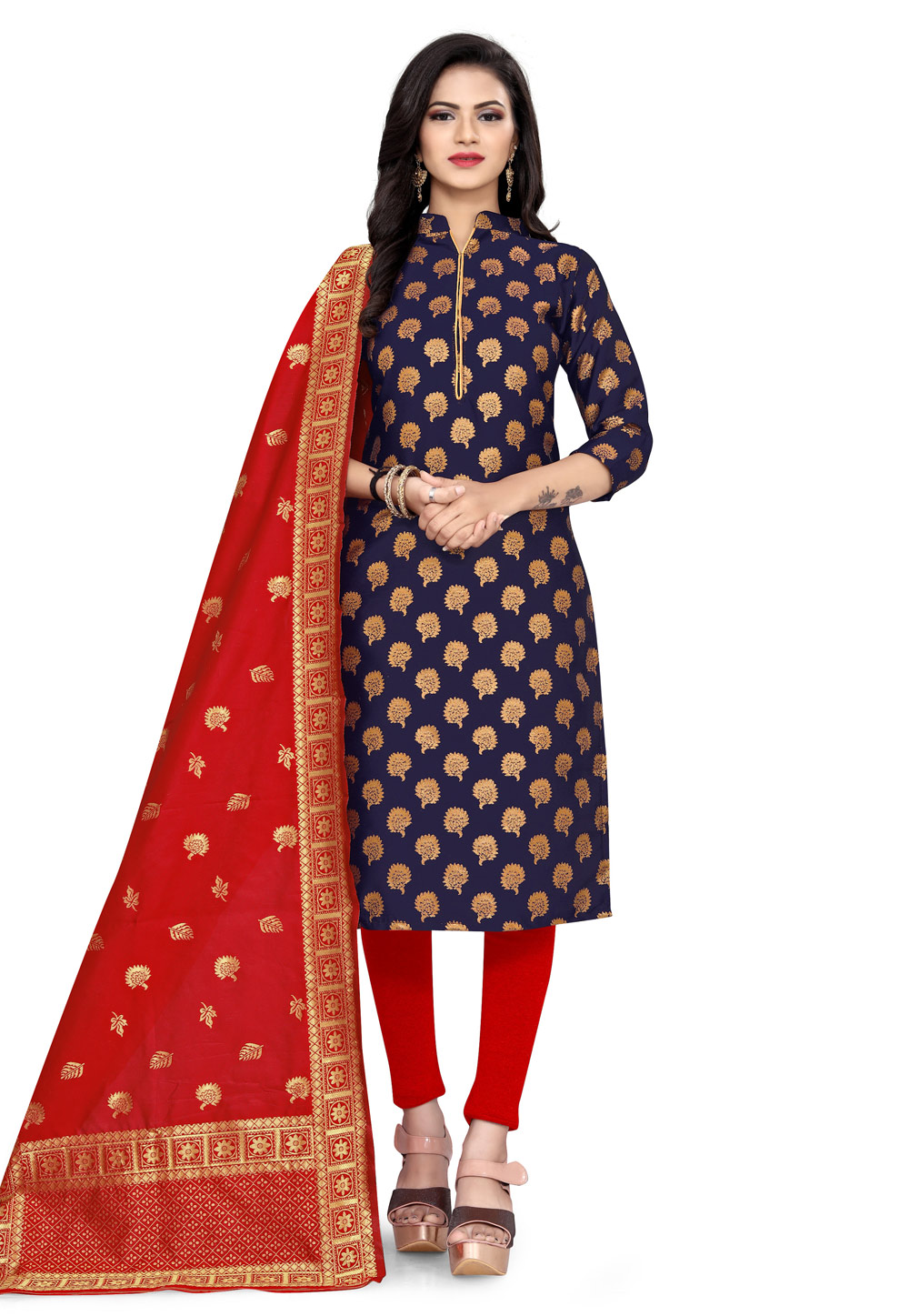 leeza store Women's Cotton Slub Embroidered Unstitched Churidar Salwar  Kameez Suit Dress Material With Banarasi Dupatta - Beige : :  Fashion