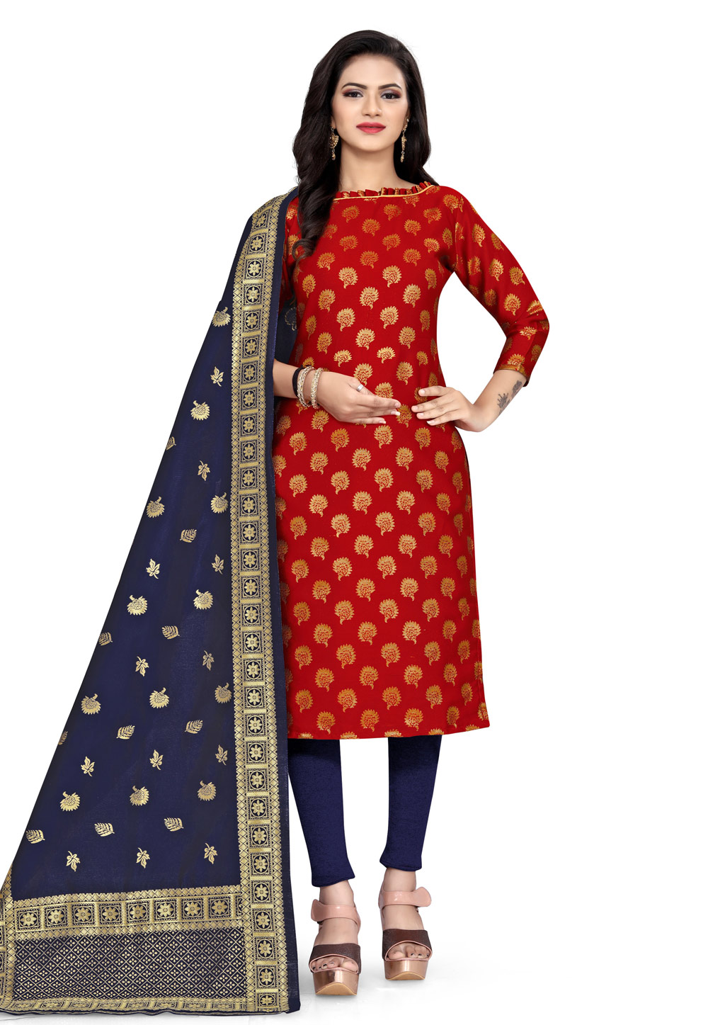 Red Banarasi Jacquard Churidar Suit 224566