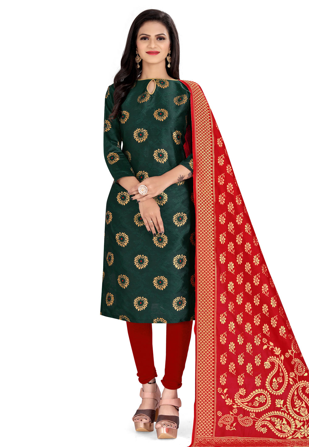 Green Banarasi Jacquard Churidar Suit 224550