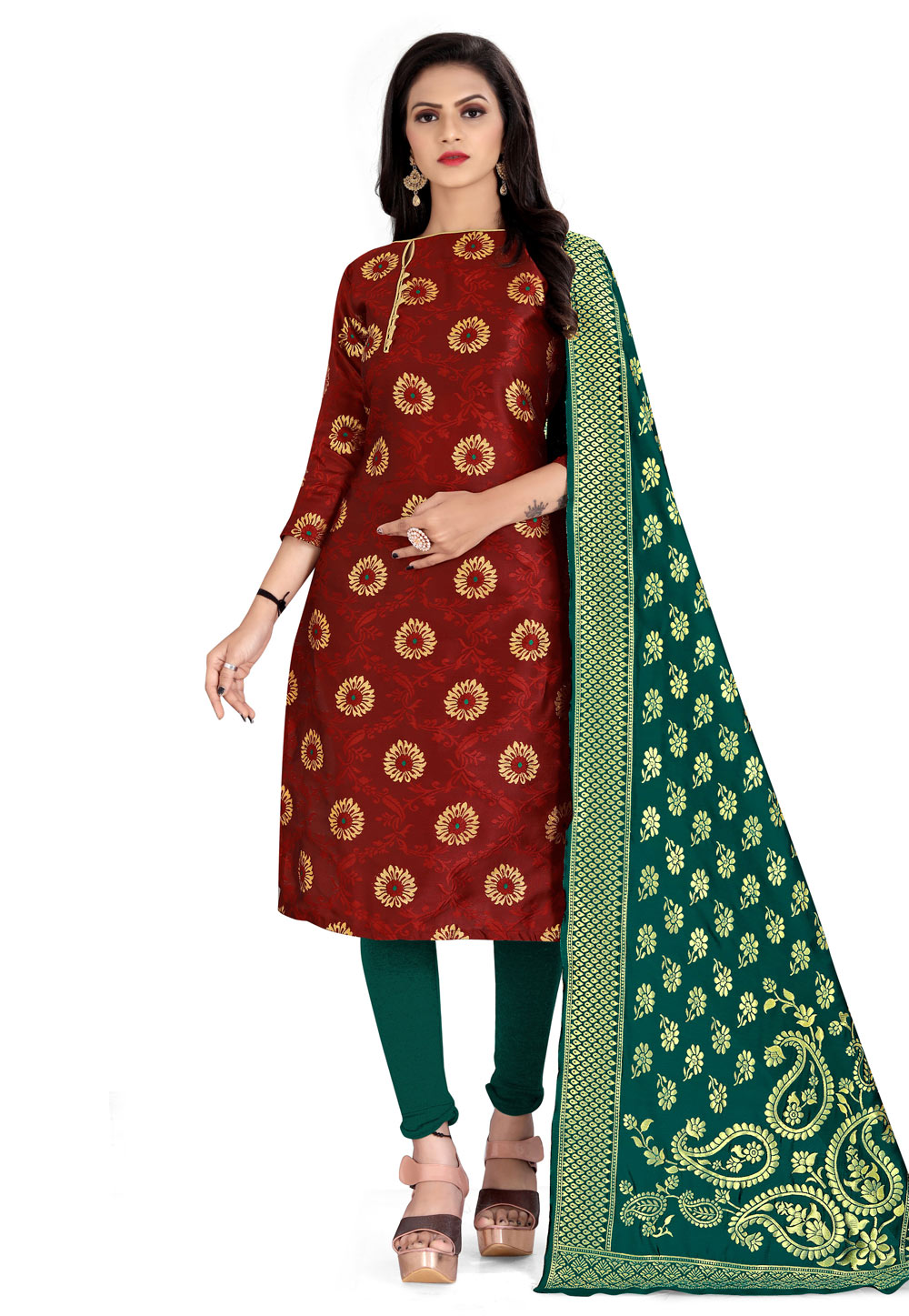 leeza store Women's Cotton Slub Embroidered Unstitched Churidar Salwar  Kameez Suit Dress Material With Banarasi Dupatta - Beige : :  Fashion