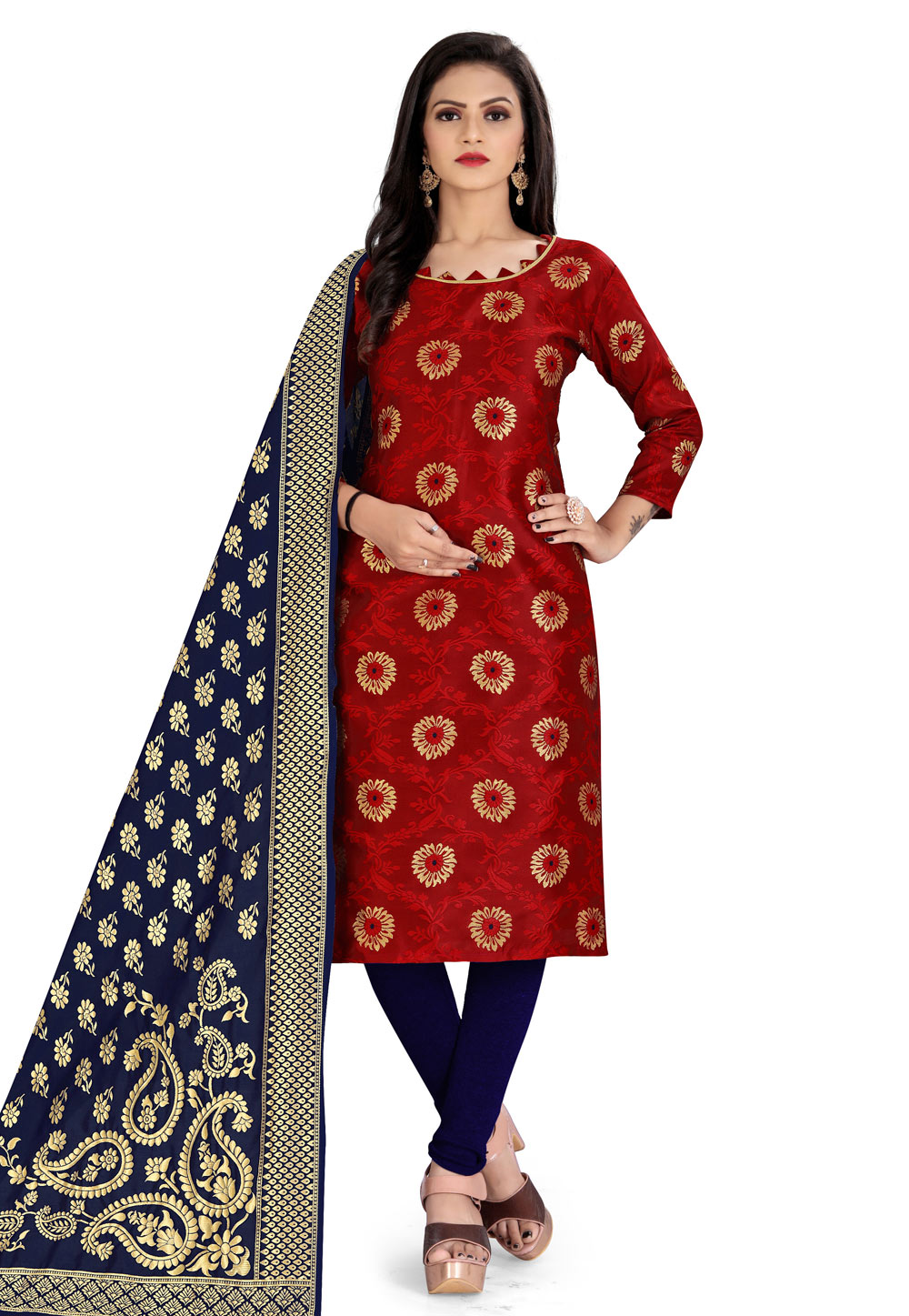 Red Banarasi Jacquard Churidar Suit 224552