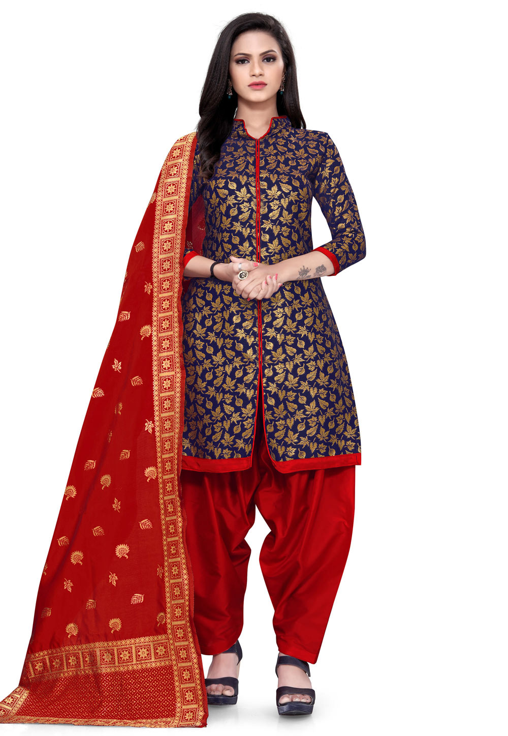 Navy Blue Banarasi Jacquard Punjabi Suit 224554