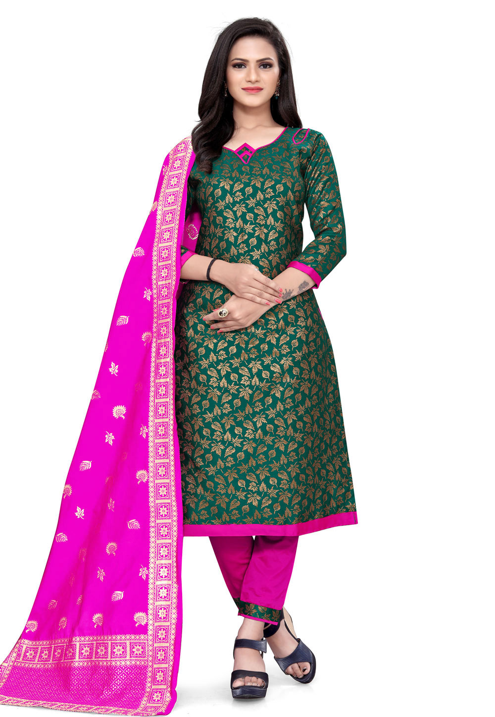 Green Banarasi Jacquard Kameez With Pant 224555