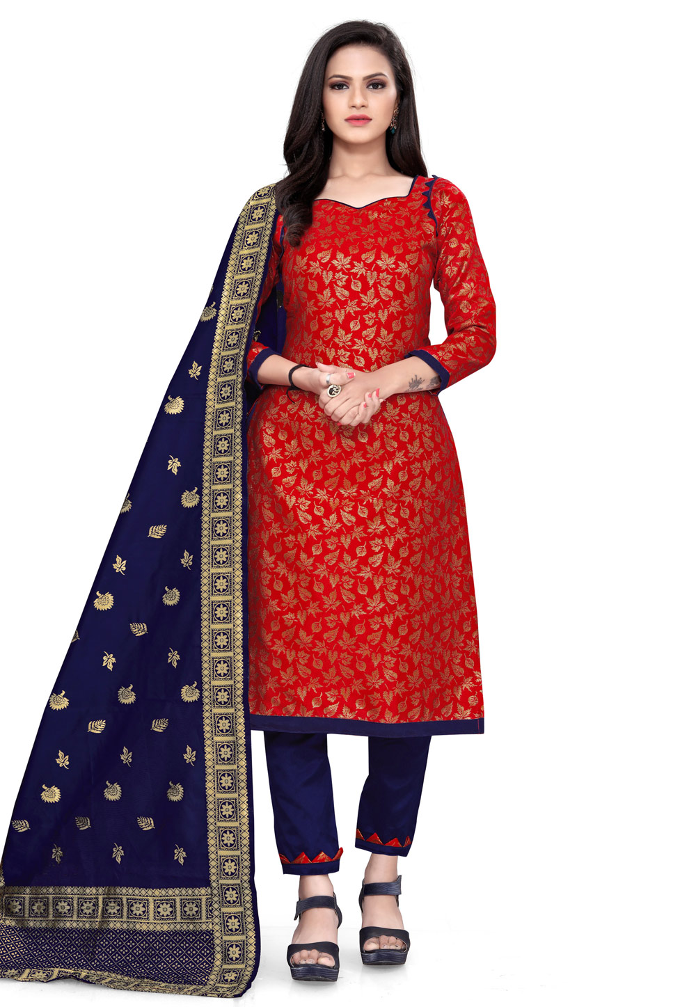 Red Banarasi Jacquard Pant Style Suit 224557